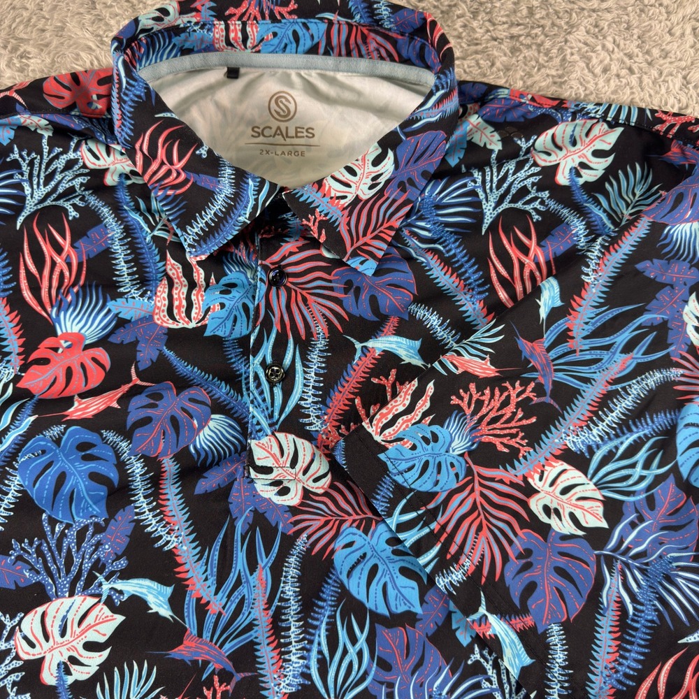 Scales Mens 2XL Tropical Reef Performance Polo Shirt Black Blue Coral Print